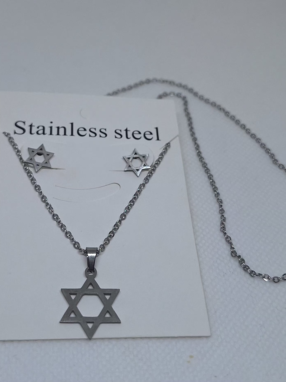 Stainless Steel Star of David Necklace and Stud Earring Set - Silver